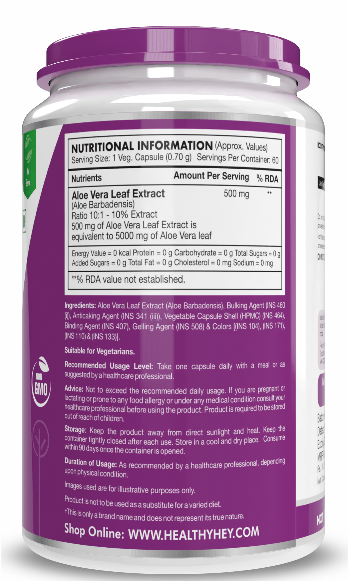 HealthyHey Nutrition Capsule Natural Aloe Vera Extract Leaf Extract,Blood Glucose & Heart Health 10%- Ratio 10:1 -500 mg - 60 Veg Capsules