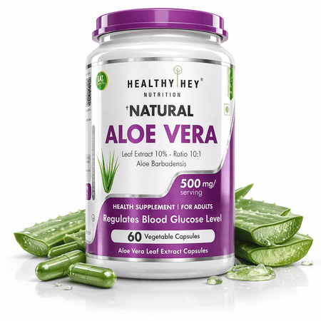 HealthyHey Nutrition Capsule Natural Aloe Vera Extract Leaf Extract,Blood Glucose & Heart Health 10%- Ratio 10:1 -500 mg - 60 Veg Capsules