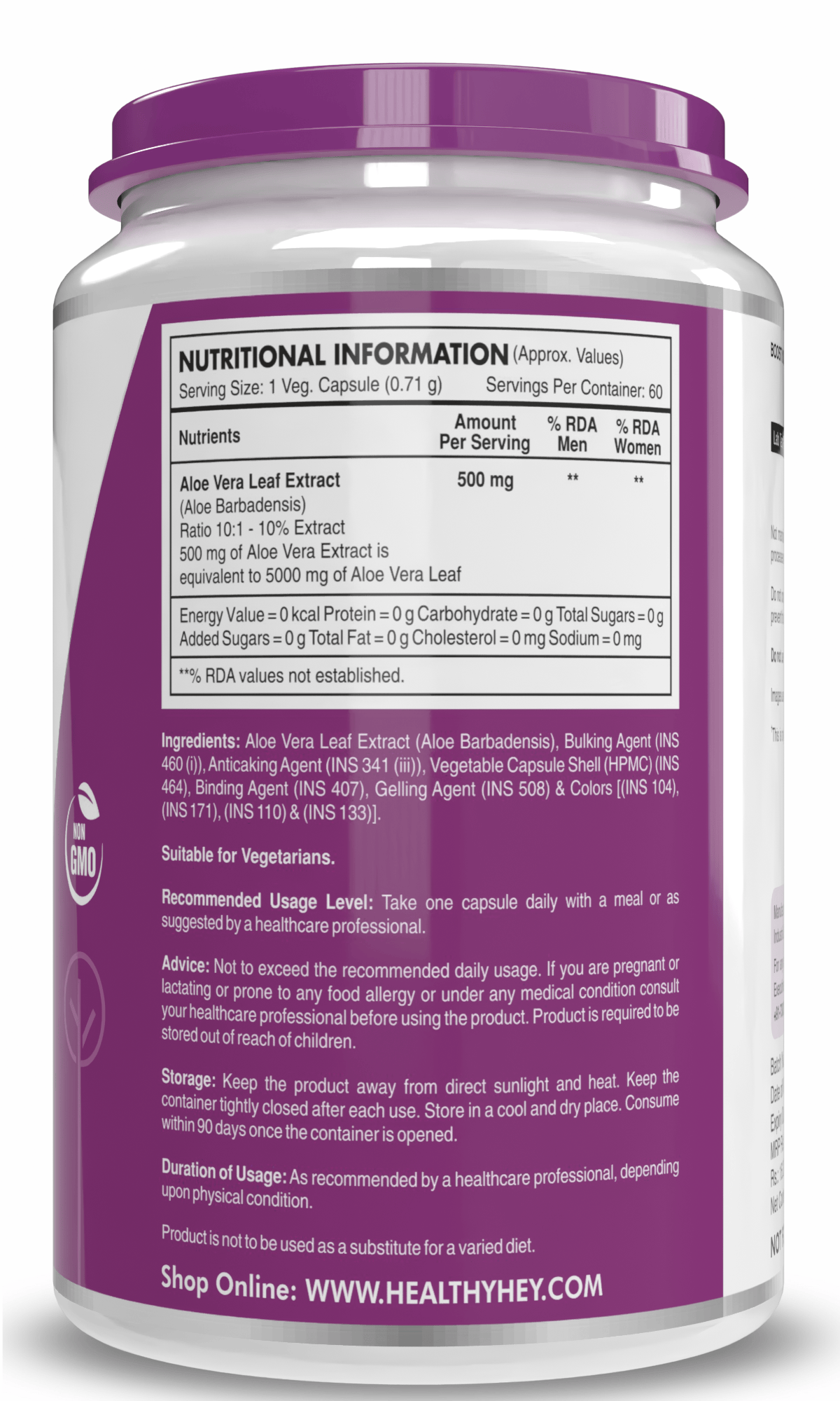 HealthyHey Nutrition Capsule Natural Aloe Vera Extract Leaf Extract,Blood Glucose & Heart Health 10%- Ratio 10:1 -500 mg - 60 Veg Capsules