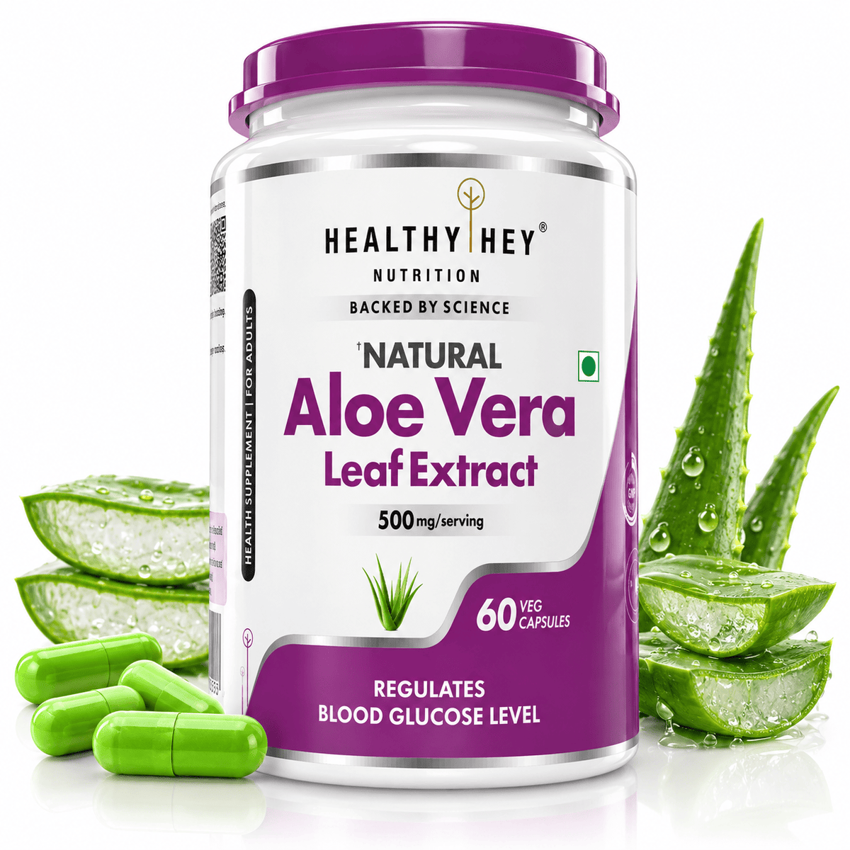 HealthyHey Nutrition Capsule Natural Aloe Vera Extract Leaf Extract,Blood Glucose & Heart Health 10%- Ratio 10:1 -500 mg - 60 Veg Capsules