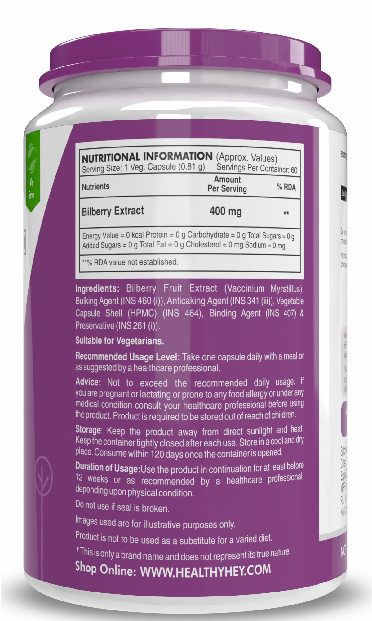 HealthyHey Nutrition Capsule Natural Bilberry Extract, Supports Eye Health 60 veg capsules