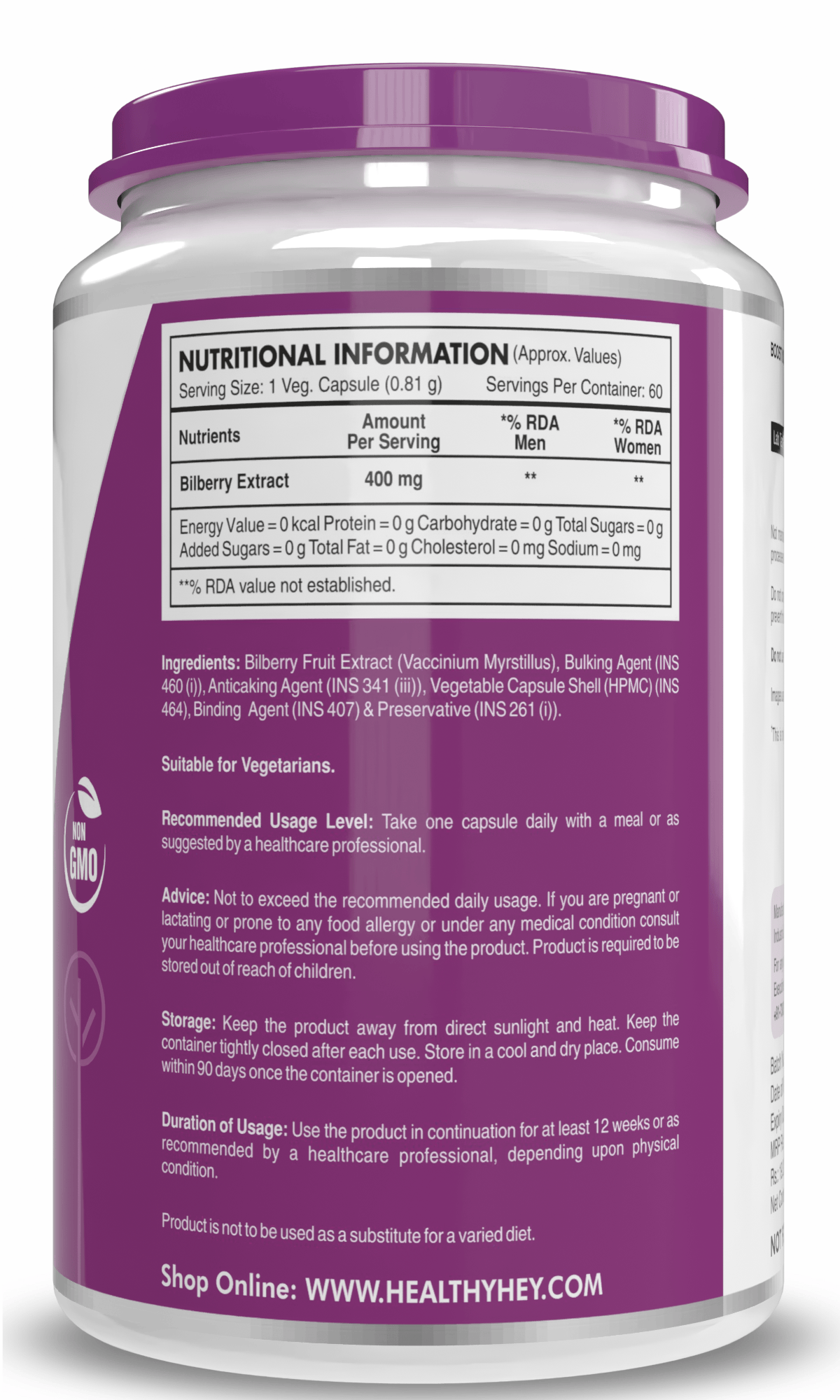 HealthyHey Nutrition Capsule Natural Bilberry Extract, Supports Eye Health 60 veg capsules