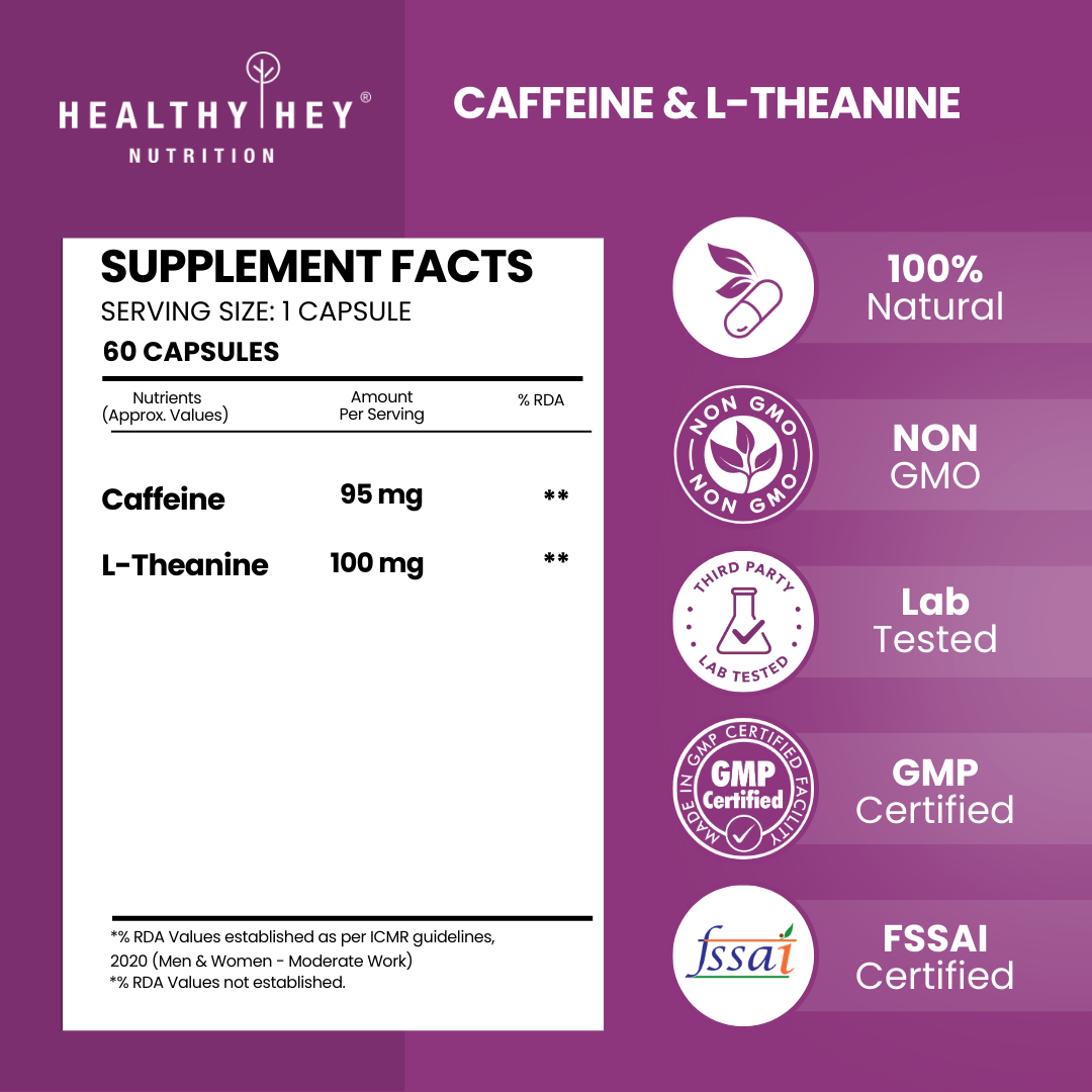 HealthyHey Nutrition Capsule Natural Caffeine 95mg Plus L-Theanine,Support cognitive health 100mg - Support Energy and Focus 60 Veg Capsules