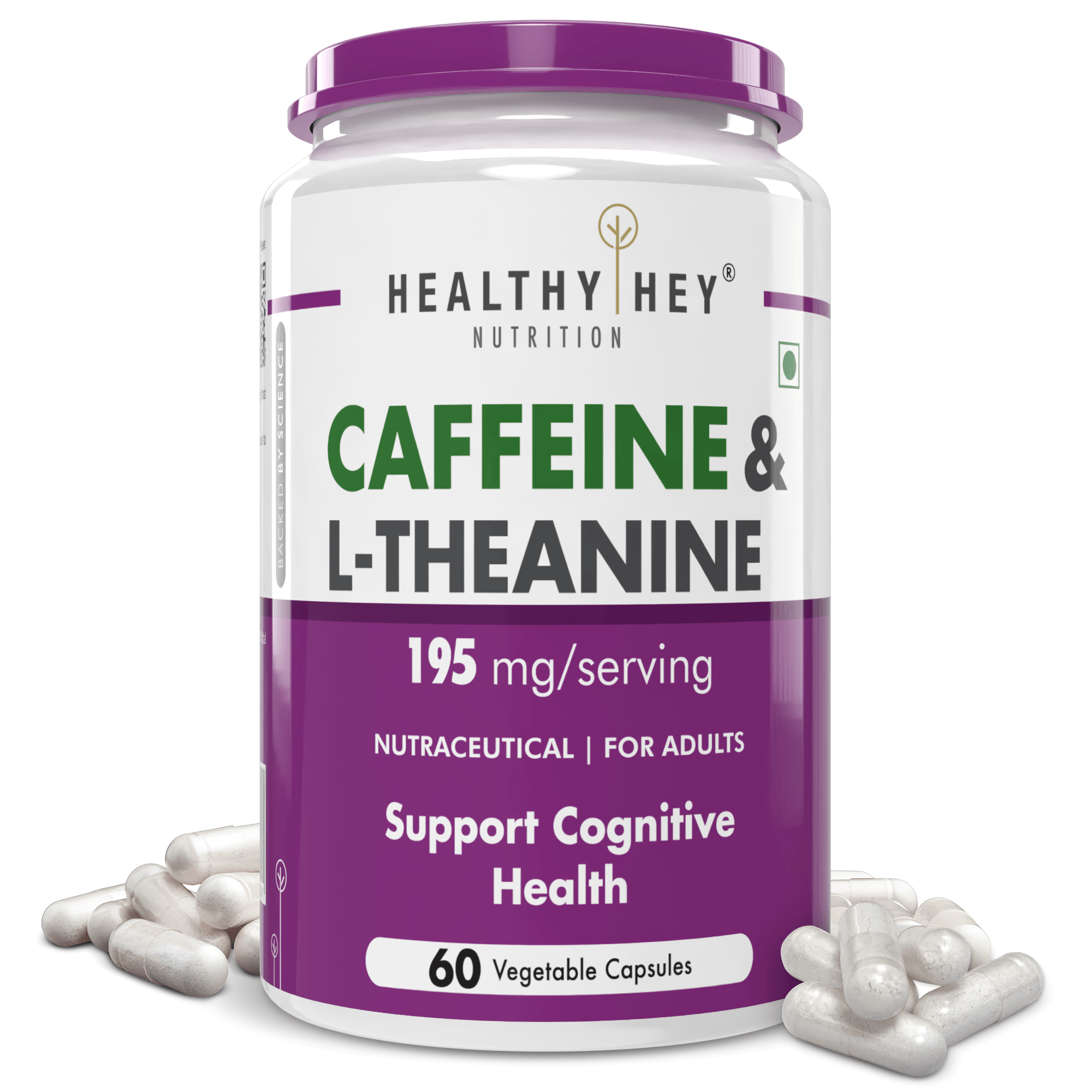 HealthyHey Nutrition Capsule Natural Caffeine 95mg Plus L-Theanine,Support cognitive health 100mg - Support Energy and Focus 60 Veg Capsules