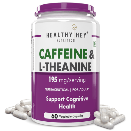 HealthyHey Nutrition Capsule Natural Caffeine 95mg Plus L-Theanine,Support cognitive health 100mg - Support Energy and Focus 60 Veg Capsules