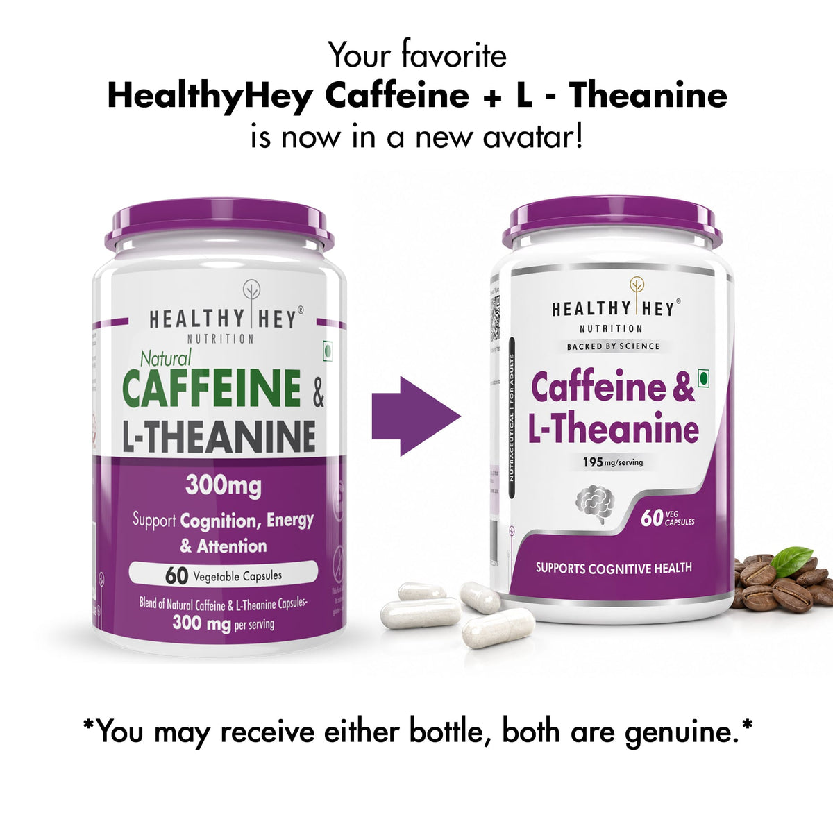HealthyHey Nutrition Capsule Natural Caffeine 95mg Plus L-Theanine,Support cognitive health 100mg - Support Energy and Focus 60 Veg Capsules