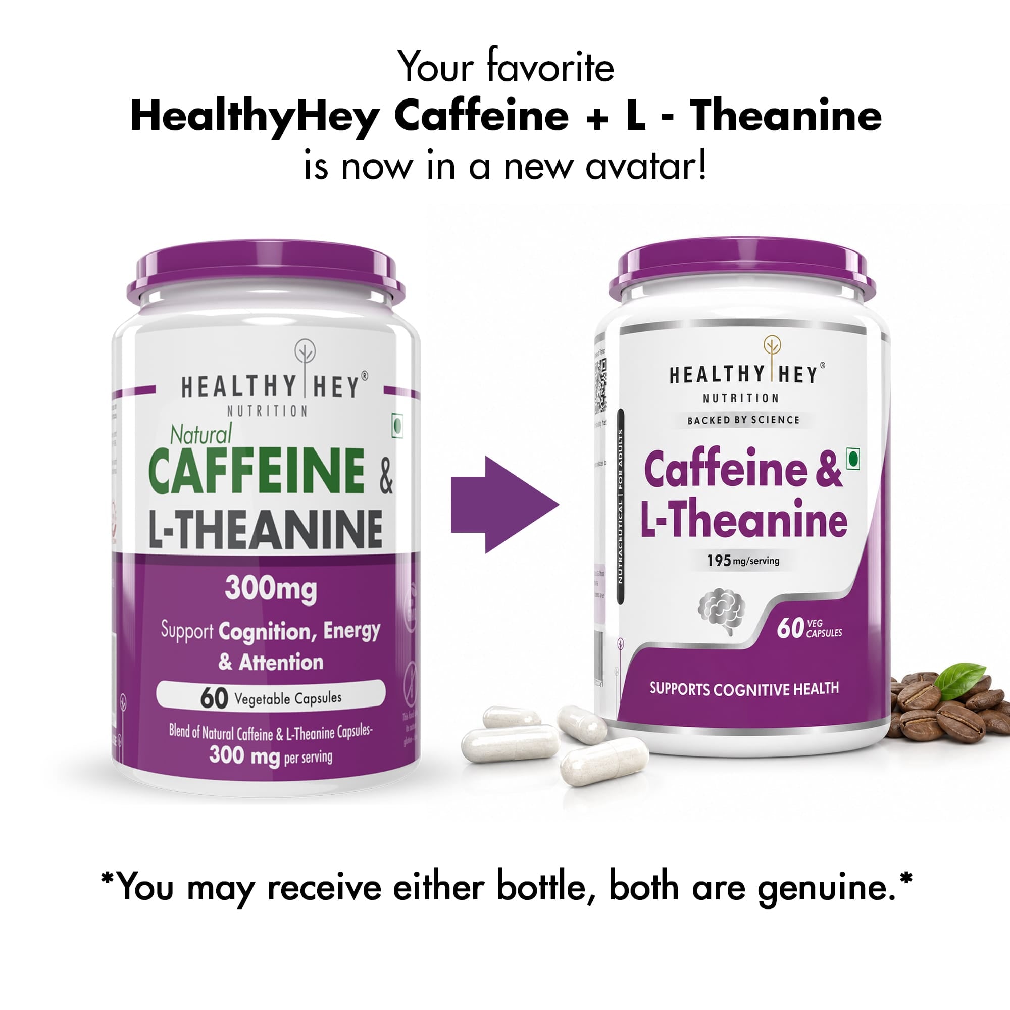 HealthyHey Nutrition Capsule Natural Caffeine 95mg Plus L-Theanine,Support cognitive health 100mg - Support Energy and Focus 60 Veg Capsules