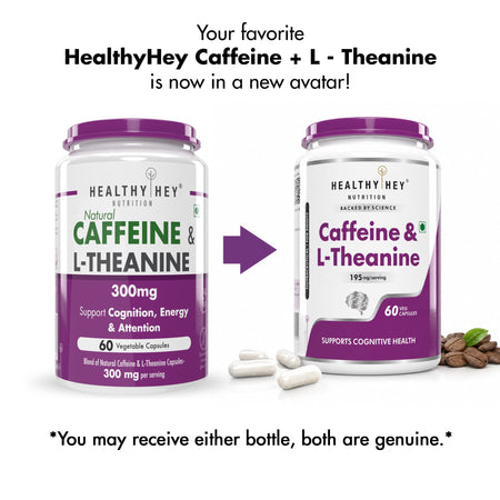HealthyHey Nutrition Capsule Natural Caffeine 95mg Plus L-Theanine,Support cognitive health 100mg - Support Energy and Focus 60 Veg Capsules