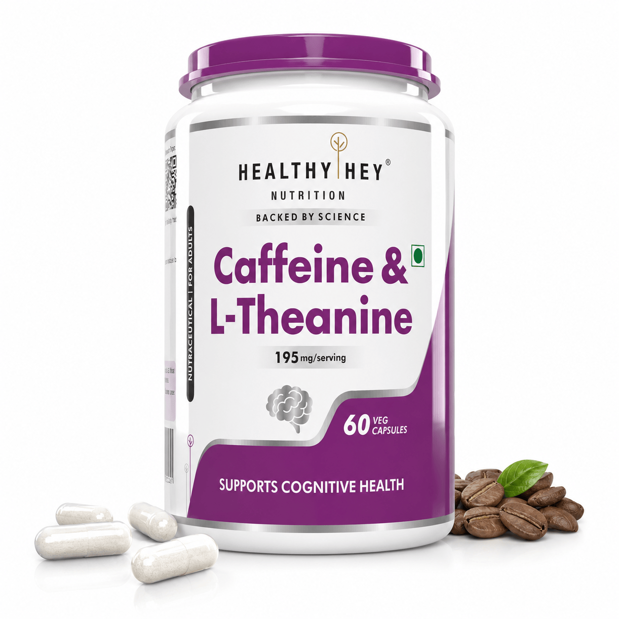 HealthyHey Nutrition Capsule Natural Caffeine 95mg Plus L-Theanine,Support cognitive health 100mg - Support Energy and Focus 60 Veg Capsules