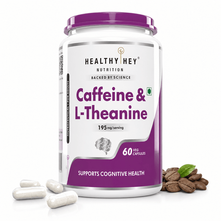 HealthyHey Nutrition Capsule Natural Caffeine 95mg Plus L-Theanine,Support cognitive health 100mg - Support Energy and Focus 60 Veg Capsules