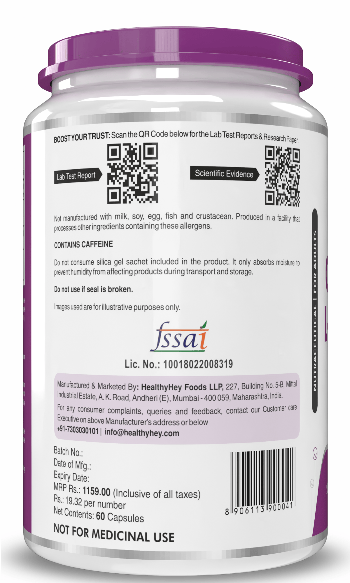 HealthyHey Nutrition Capsule Natural Caffeine 95mg Plus L-Theanine,Support cognitive health 100mg - Support Energy and Focus 60 Veg Capsules