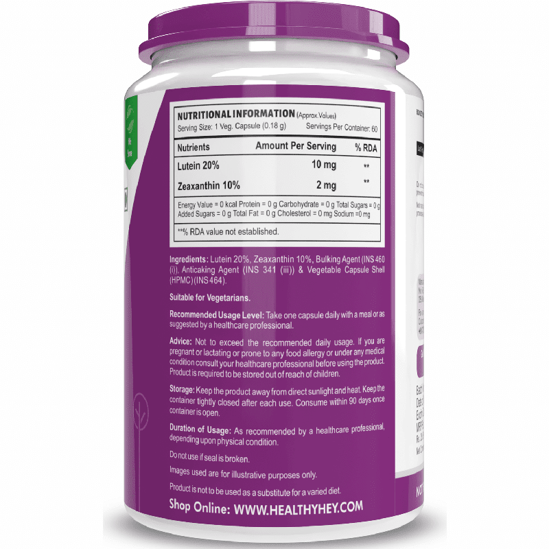 HealthyHey Nutrition Capsule Natural Lutein, Support Eye Health 10mg with 2mg Zeaxanthin -60 Veg. Capsules
