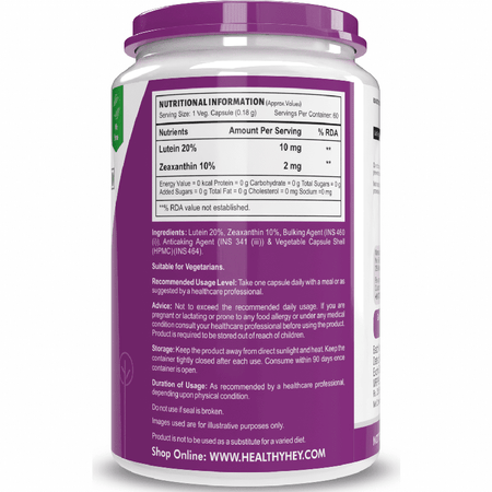HealthyHey Nutrition Capsule Natural Lutein, Support Eye Health 10mg with 2mg Zeaxanthin -60 Veg. Capsules