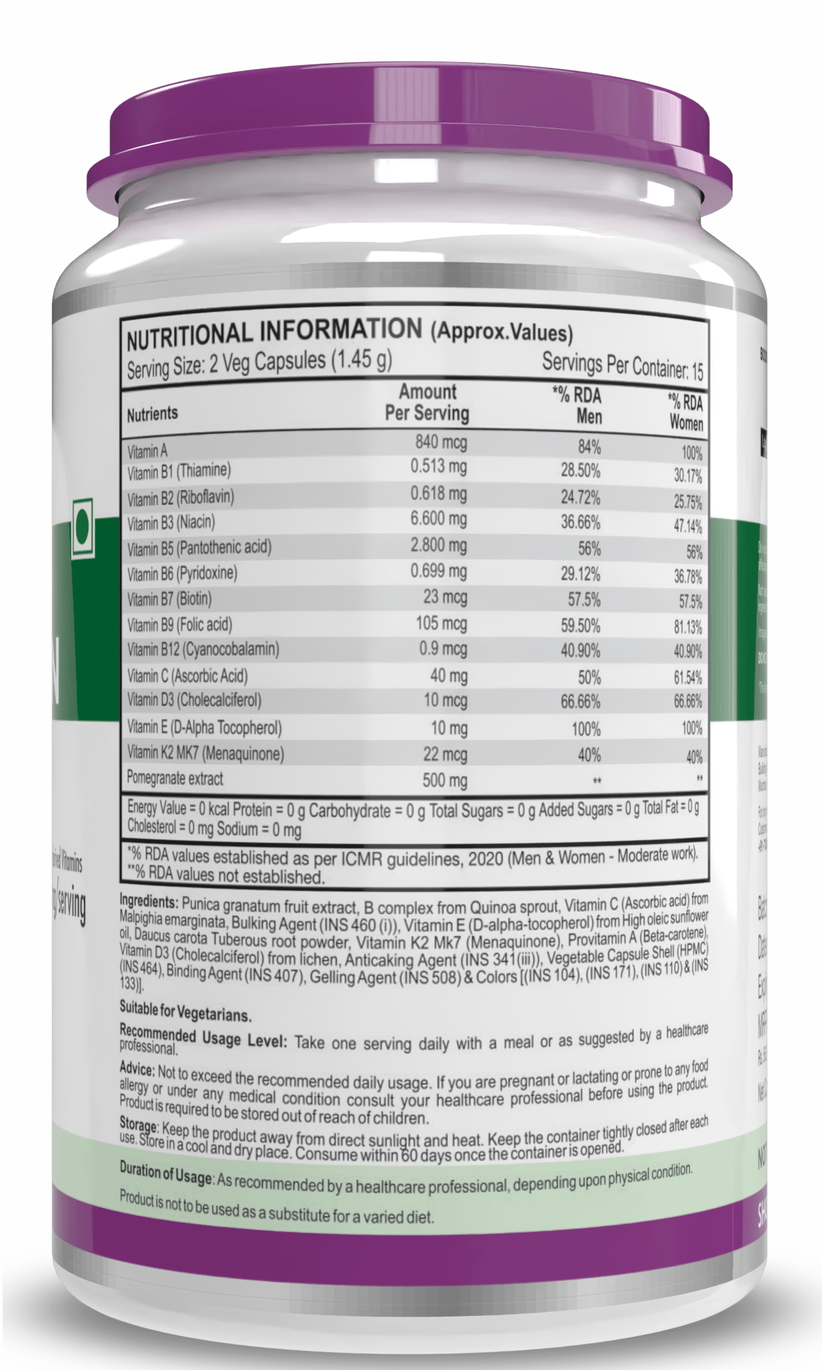 HealthyHey Nutrition Capsule Natural Multivitamin, Support Immune Health from Natural Ingredients & Patented Vitamin B - For Men & Women - 30 Veg. Capsules