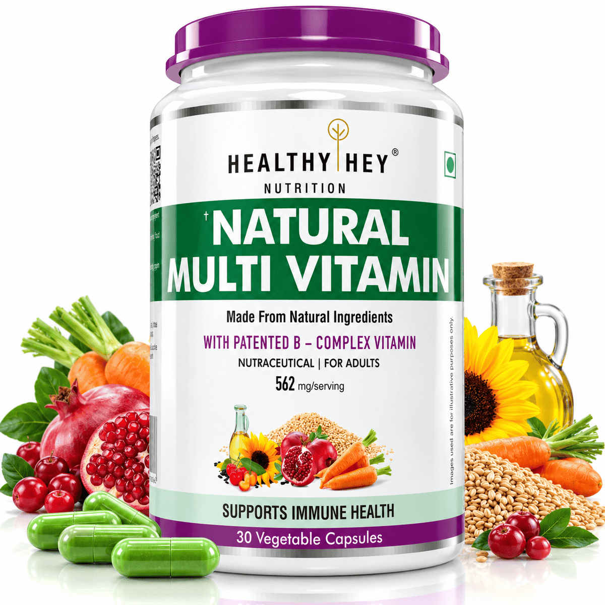 HealthyHey Nutrition Capsule Natural Multivitamin, Support Immune Health from Natural Ingredients & Patented Vitamin B - For Men & Women - 30 Veg. Capsules