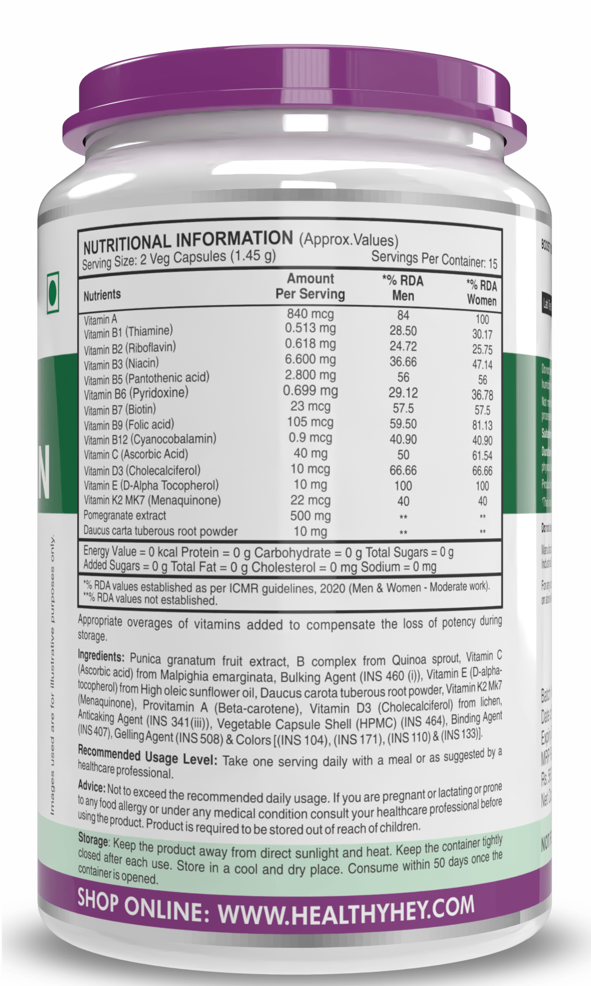 HealthyHey Nutrition Capsule Natural Multivitamin, Support Immune Health from Natural Ingredients & Patented Vitamin B - For Men & Women - 30 Veg. Capsules
