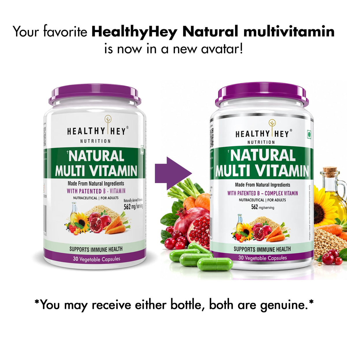 HealthyHey Nutrition Capsule Natural Multivitamin, Support Immune Health from Natural Ingredients & Patented Vitamin B - For Men & Women - 30 Veg. Capsules