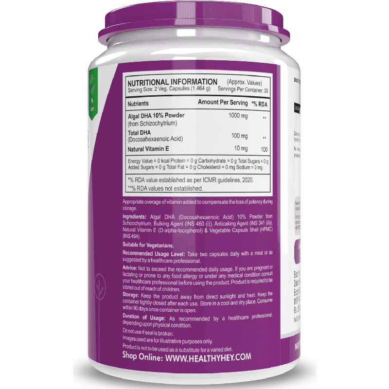 HealthyHey Nutrition Capsule Natural Omega 3 - Support Heart, Brain & Joint - Sourced from Algae - Fish Oil-free - 60 Veg Capsules