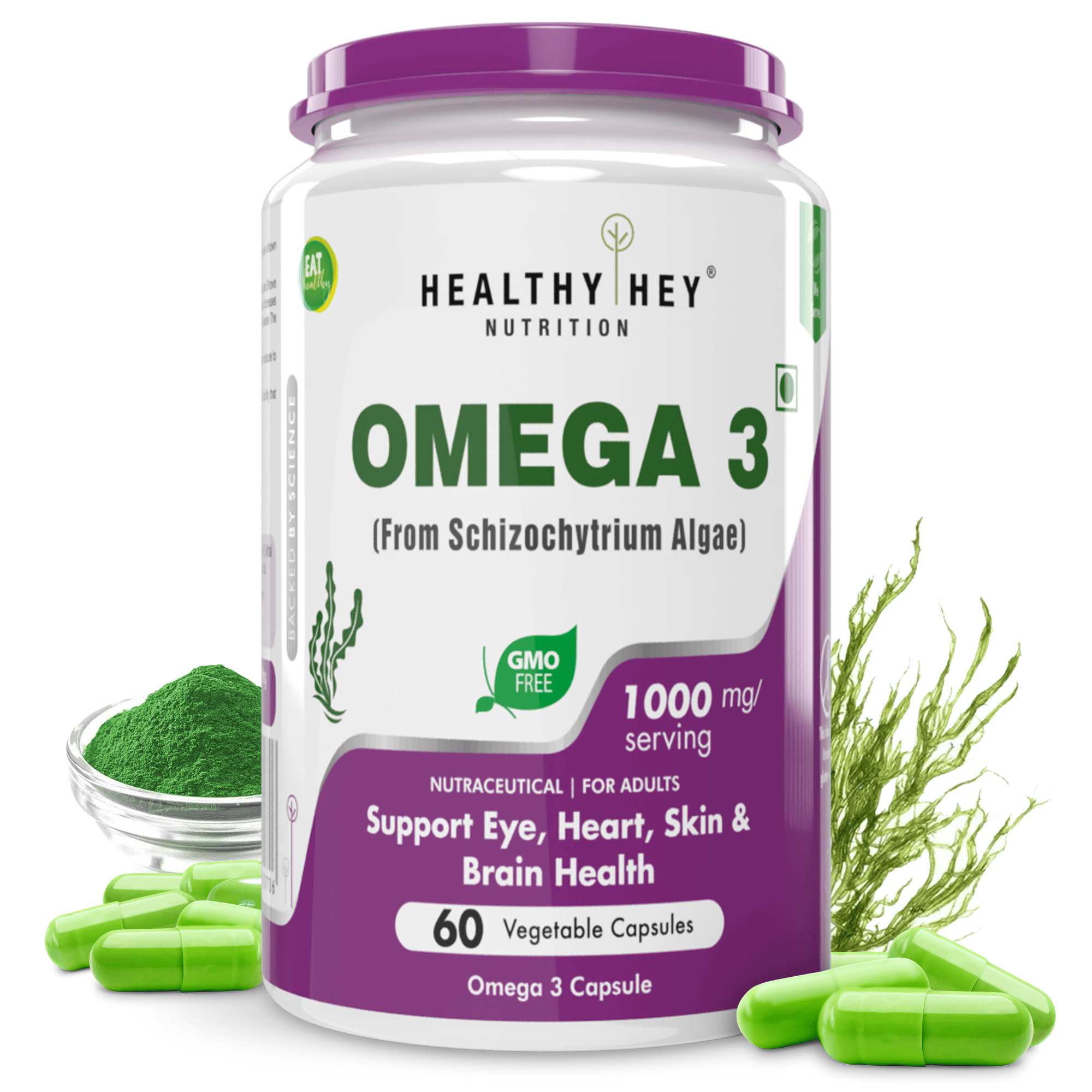 Natural Omega 3 - Support Heart, Brain & Joint - Sourced from Algae - Fish Oil-free - 60 Veg Capsules