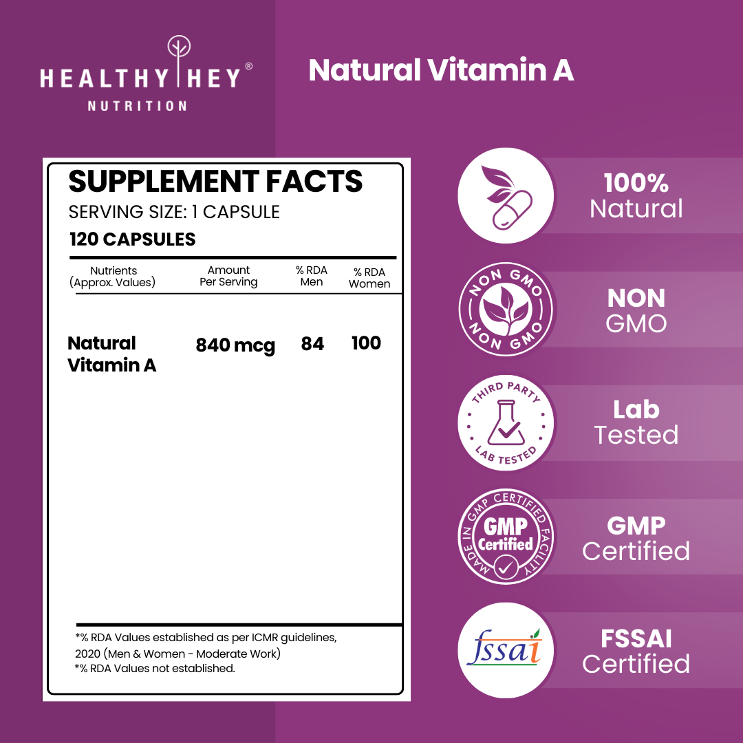 HealthyHey Nutrition Capsule Natural Vitamin A, Supports Eye Health from Beta Carotene | Non-Synthetic | Non-GMO | -120 Veg Capsules