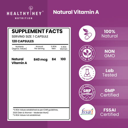 HealthyHey Nutrition Capsule Natural Vitamin A, Supports Eye Health from Beta Carotene | Non-Synthetic | Non-GMO | -120 Veg Capsules