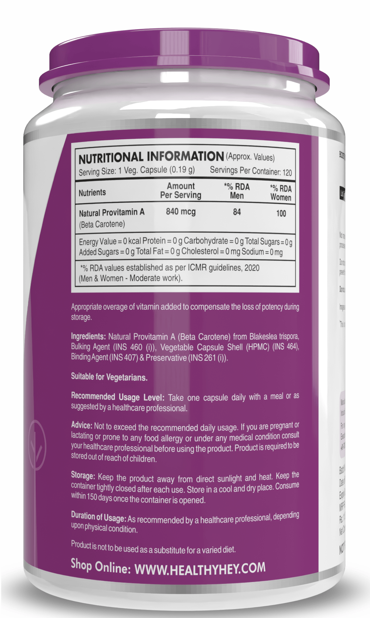 HealthyHey Nutrition Capsule Natural Vitamin A, Supports Eye Health from Beta Carotene | Non-Synthetic | Non-GMO | -120 Veg Capsules