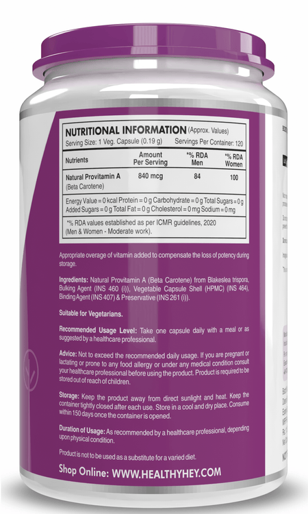 HealthyHey Nutrition Capsule Natural Vitamin A, Supports Eye Health from Beta Carotene | Non-Synthetic | Non-GMO | -120 Veg Capsules