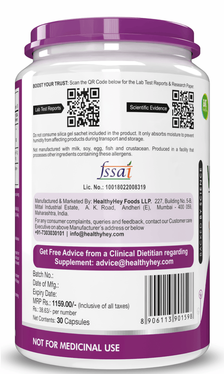 HealthyHey Nutrition Capsule Natural Vitamin B12, Supports bone Health | Non-Synthetic, No-Chemical | 30 Veg Capsules