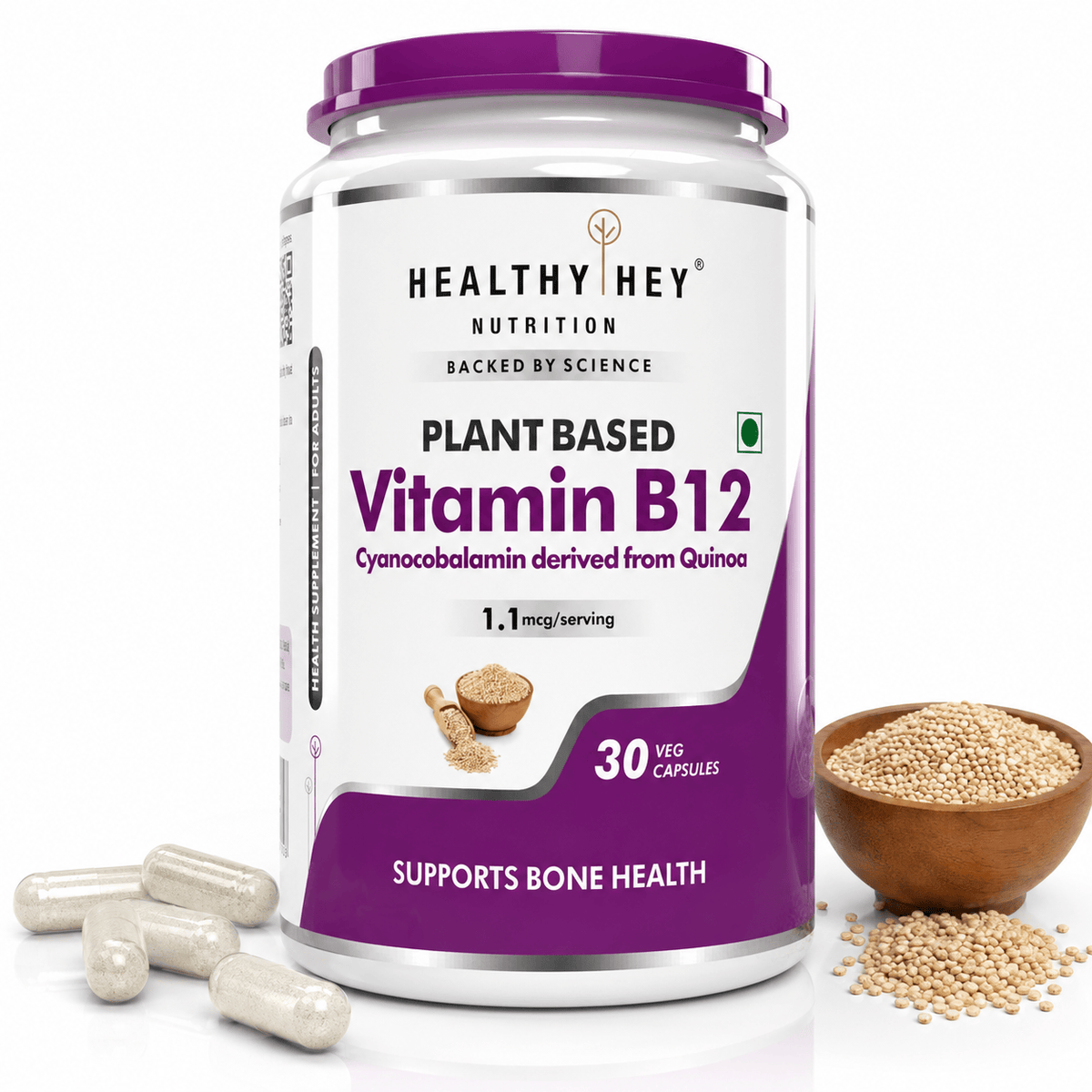 HealthyHey Nutrition Capsule Natural Vitamin B12, Supports bone Health | Non-Synthetic, No-Chemical | 30 Veg Capsules