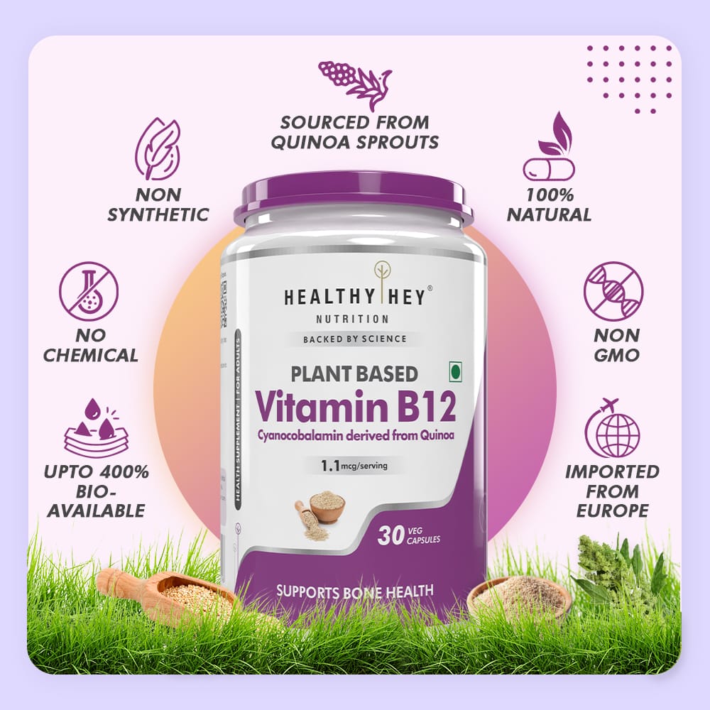 HealthyHey Nutrition Capsule Natural Vitamin B12, Supports bone Health | Non-Synthetic, No-Chemical | 30 Veg Capsules