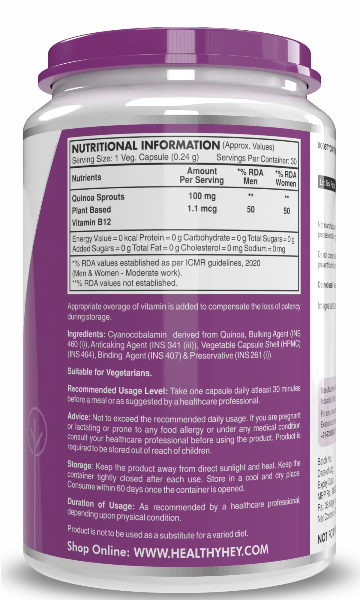 HealthyHey Nutrition Capsule Natural Vitamin B12, Supports bone Health | Non-Synthetic, No-Chemical | 30 Veg Capsules