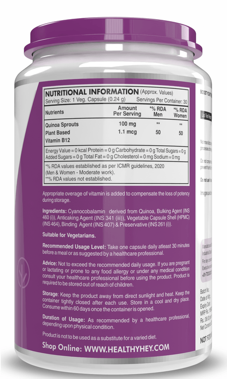 HealthyHey Nutrition Capsule Natural Vitamin B12, Supports bone Health | Non-Synthetic, No-Chemical | 30 Veg Capsules