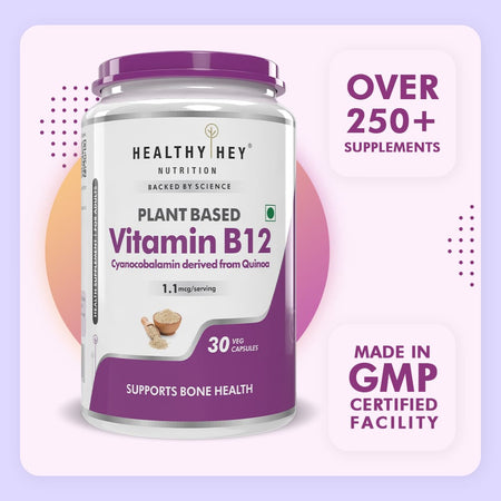 HealthyHey Nutrition Capsule Natural Vitamin B12, Supports bone Health | Non-Synthetic, No-Chemical | 30 Veg Capsules