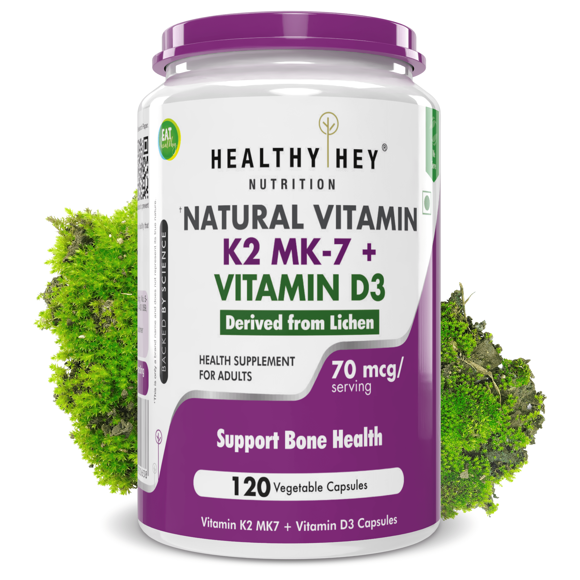 HealthyHey Nutrition Capsule Natural Vitamin K2 + Natural D3,Supports Bone Health - Non-GMO | Non-Synthetic 120 Veg. Capsules