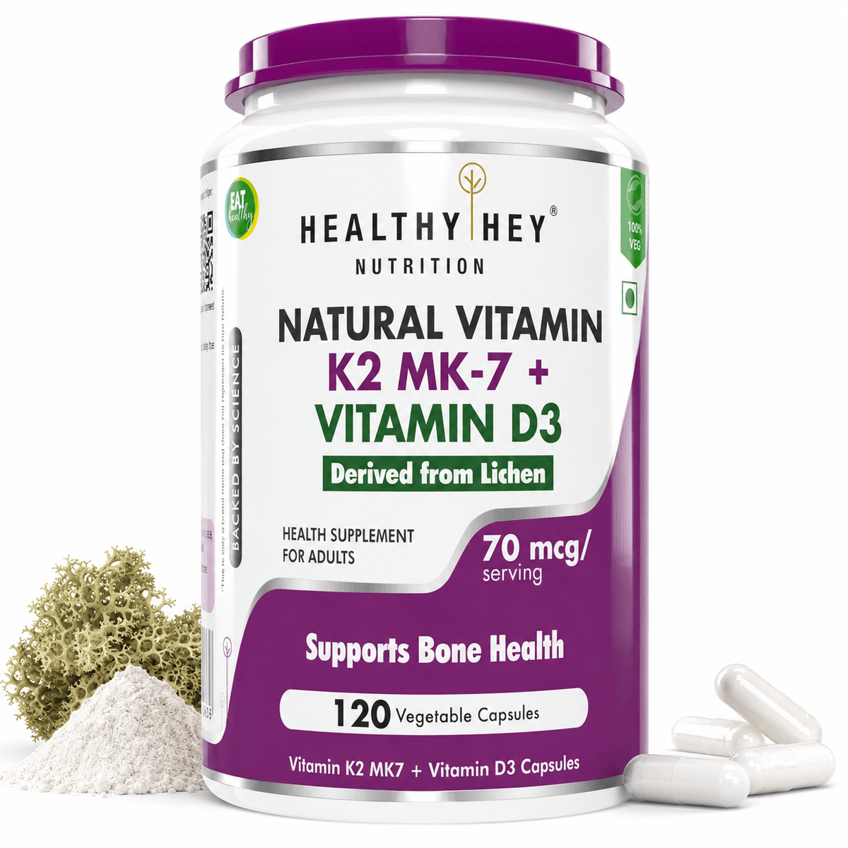 HealthyHey Nutrition Capsule Natural Vitamin K2 + Natural D3,Supports Bone Health - Non-GMO | Non-Synthetic 120 Veg. Capsules