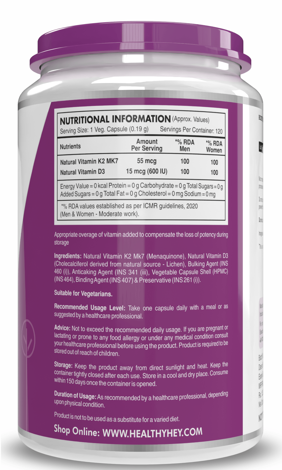HealthyHey Nutrition Capsule Natural Vitamin K2 + Natural D3,Supports Bone Health - Non-GMO | Non-Synthetic 120 Veg. Capsules