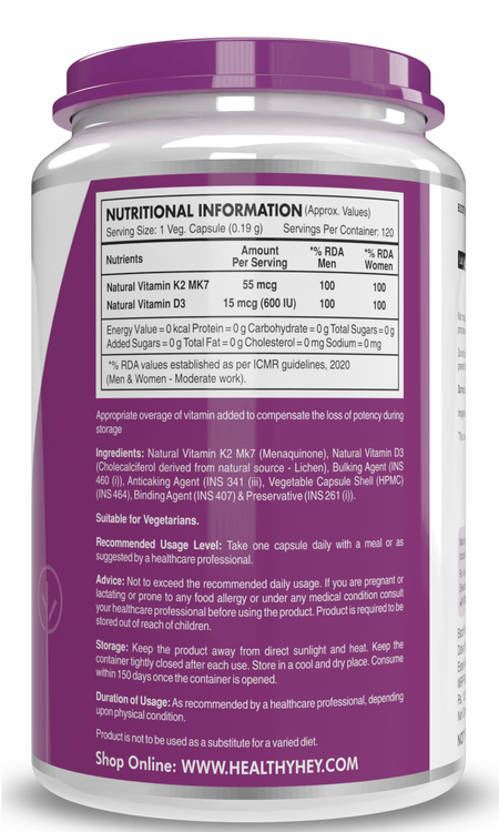 HealthyHey Nutrition Capsule Natural Vitamin K2 + Natural D3,Supports Bone Health - Non-GMO | Non-Synthetic 120 Veg. Capsules