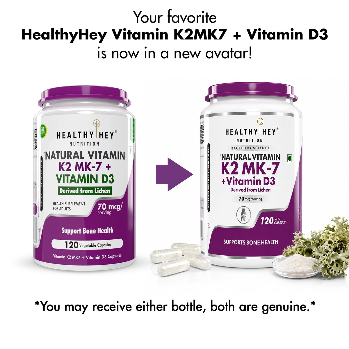 HealthyHey Nutrition Capsule Natural Vitamin K2 + Natural D3,Supports Bone Health - Non-GMO | Non-Synthetic 120 Veg. Capsules
