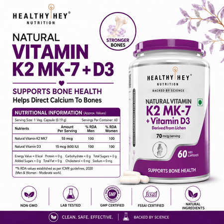 HealthyHey Nutrition Capsule Natural Vitamin K2 + Natural D3,Supports Bone Health - Non-GMO | Non-Synthetic 120 Veg. Capsules