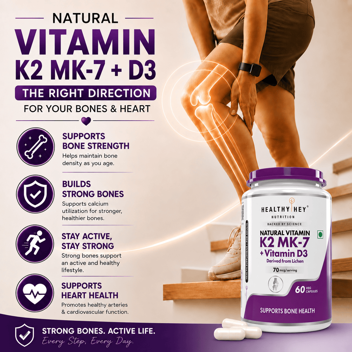 HealthyHey Nutrition Capsule Natural Vitamin K2 + Natural D3,Supports Bone Health - Non-GMO | Non-Synthetic 120 Veg. Capsules