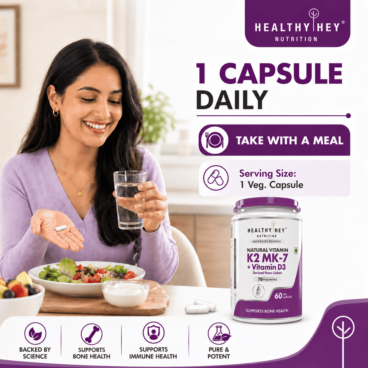 HealthyHey Nutrition Capsule Natural Vitamin K2 + Natural D3,Supports Bone Health - Non-GMO | Non-Synthetic 120 Veg. Capsules