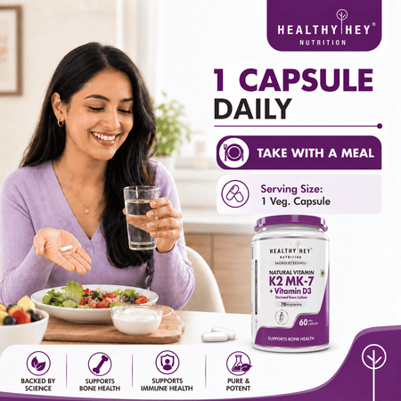 HealthyHey Nutrition Capsule Natural Vitamin K2 + Natural D3,Supports Bone Health - Non-GMO | Non-Synthetic 120 Veg. Capsules