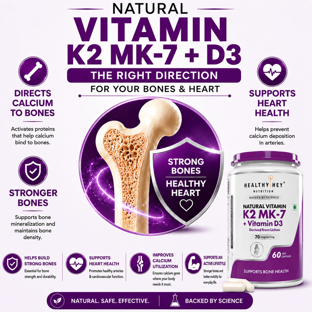 HealthyHey Nutrition Capsule Natural Vitamin K2 + Natural D3,Supports Bone Health - Non-GMO | Non-Synthetic 120 Veg. Capsules