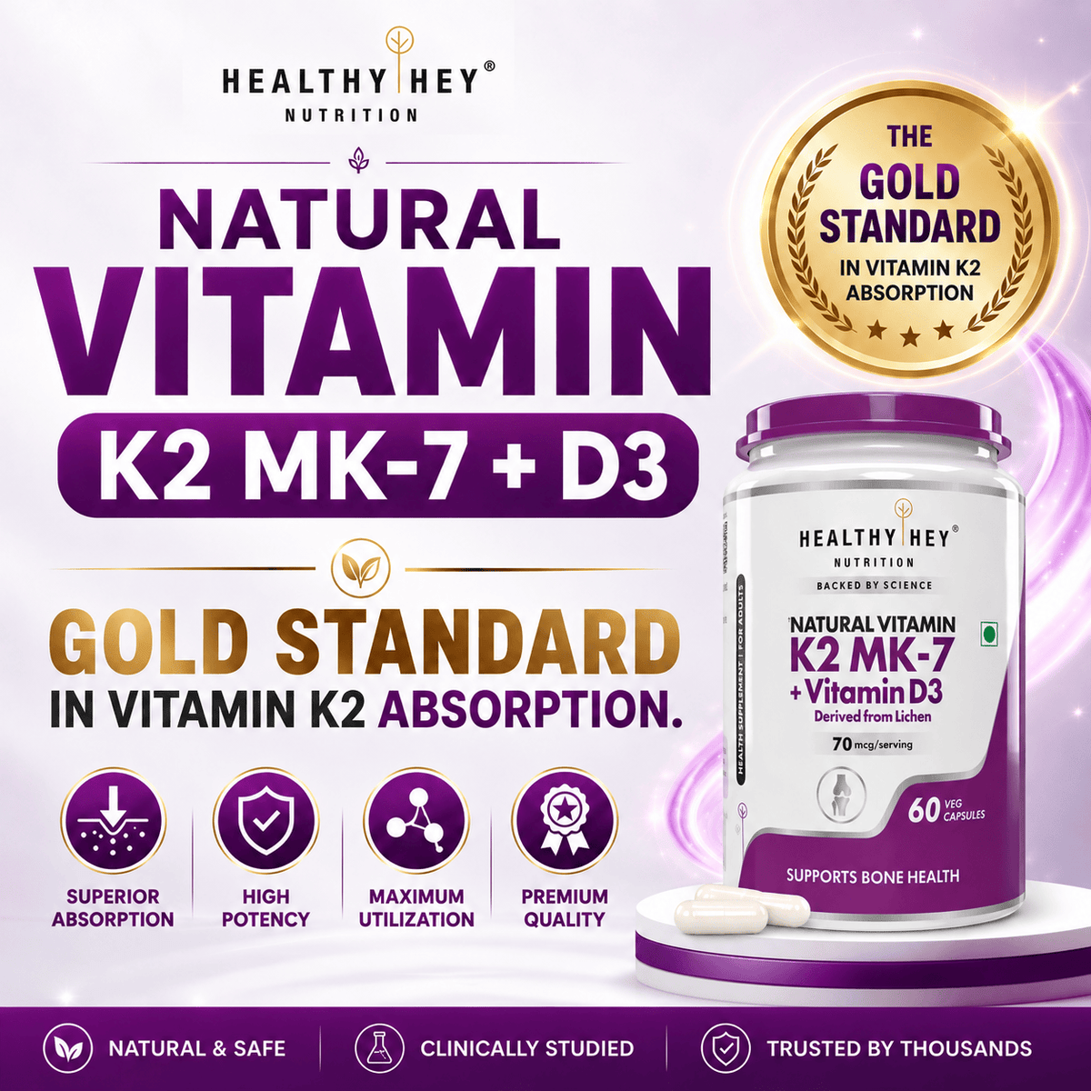 HealthyHey Nutrition Capsule Natural Vitamin K2 + Natural D3,Supports Bone Health - Non-GMO | Non-Synthetic 120 Veg. Capsules