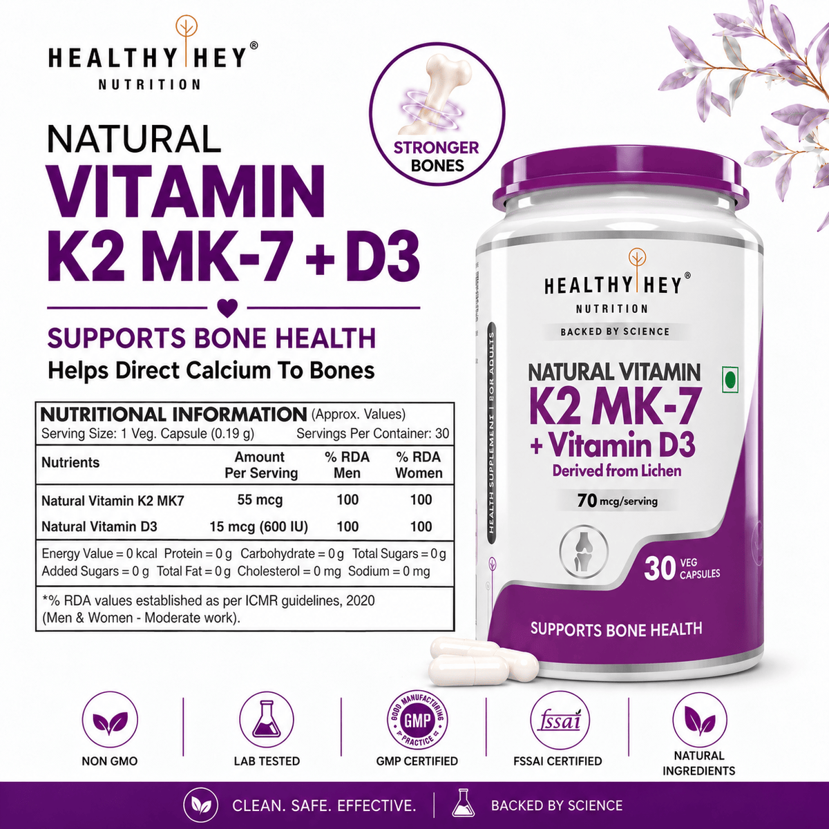 HealthyHey Nutrition Capsule Natural Vitamin K2 + Natural D3,Supports Bone Health - Non-GMO | Non-Synthetic 120 Veg. Capsules