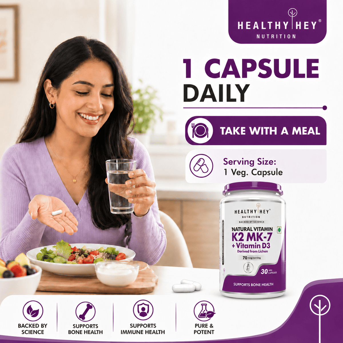 HealthyHey Nutrition Capsule Natural Vitamin K2 + Natural D3,Supports Bone Health - Non-GMO | Non-Synthetic 120 Veg. Capsules
