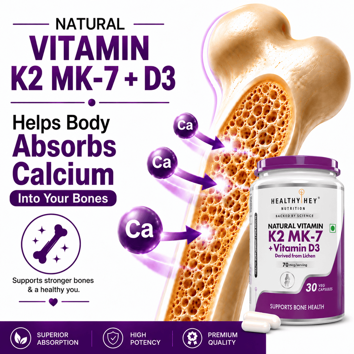HealthyHey Nutrition Capsule Natural Vitamin K2 + Natural D3,Supports Bone Health - Non-GMO | Non-Synthetic 120 Veg. Capsules