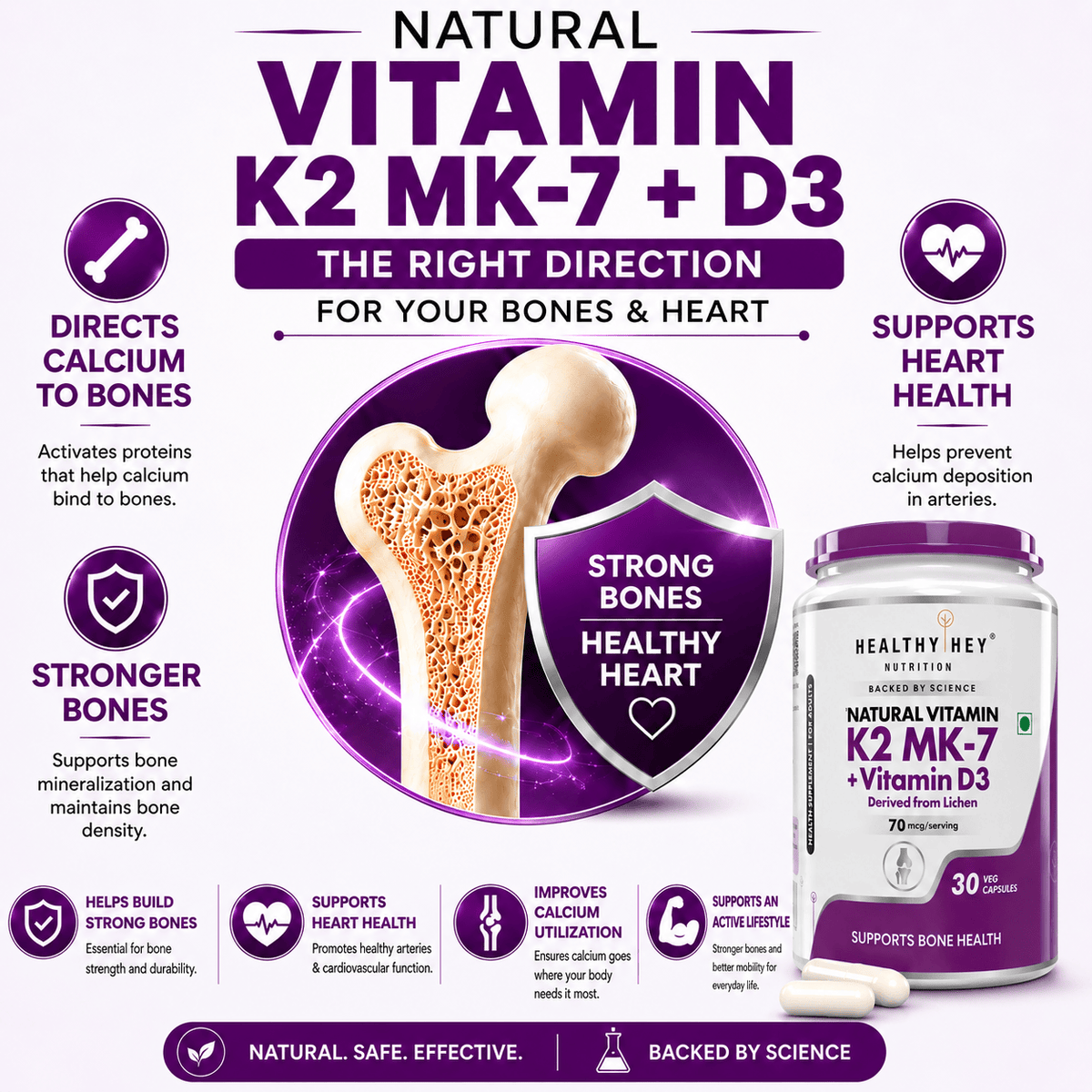 HealthyHey Nutrition Capsule Natural Vitamin K2 + Natural D3,Supports Bone Health - Non-GMO | Non-Synthetic 120 Veg. Capsules