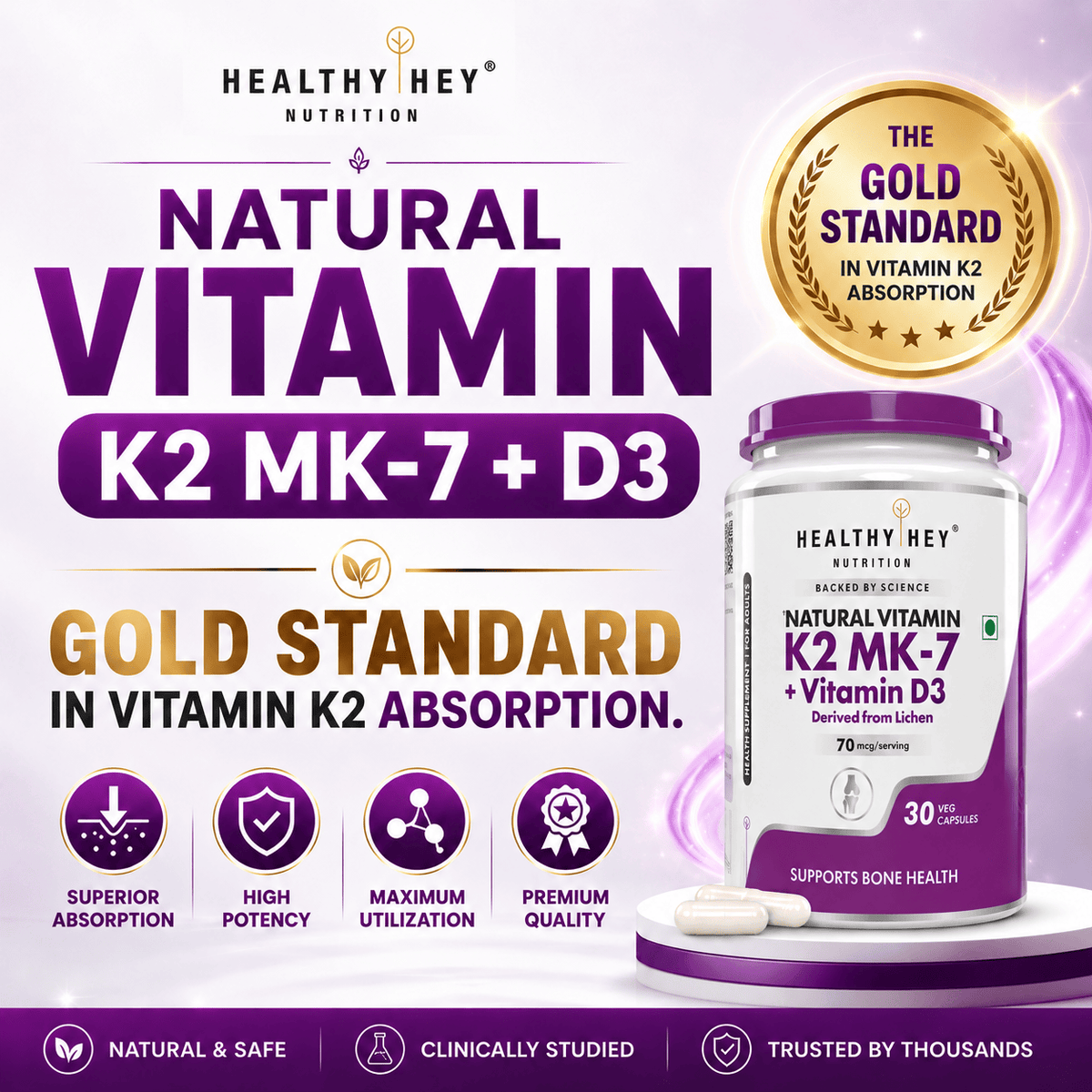 HealthyHey Nutrition Capsule Natural Vitamin K2 + Natural D3,Supports Bone Health - Non-GMO | Non-Synthetic 120 Veg. Capsules