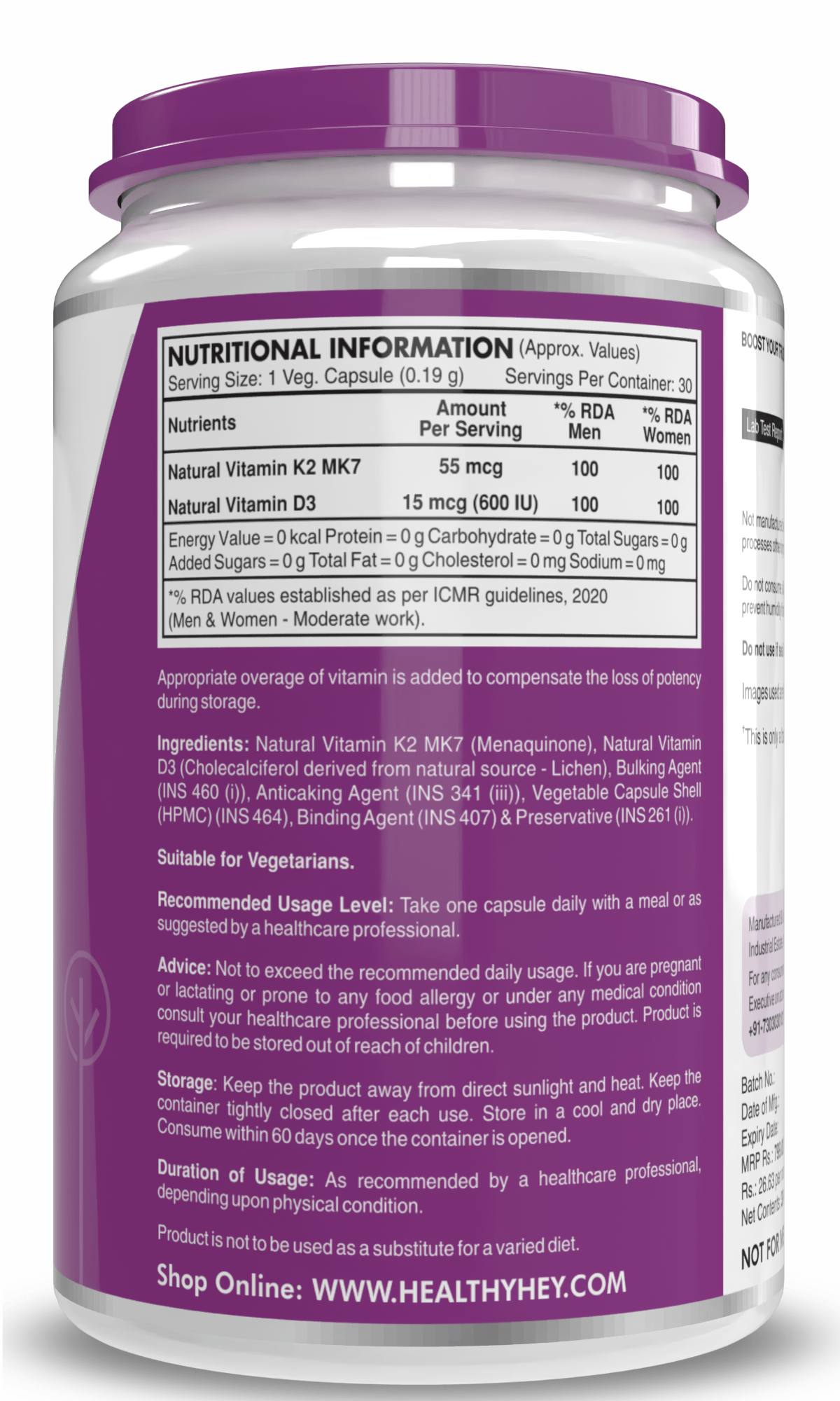 HealthyHey Nutrition Capsule Natural Vitamin K2 + Natural D3,Supports Bone Health - Non-GMO | Non-Synthetic 120 Veg. Capsules